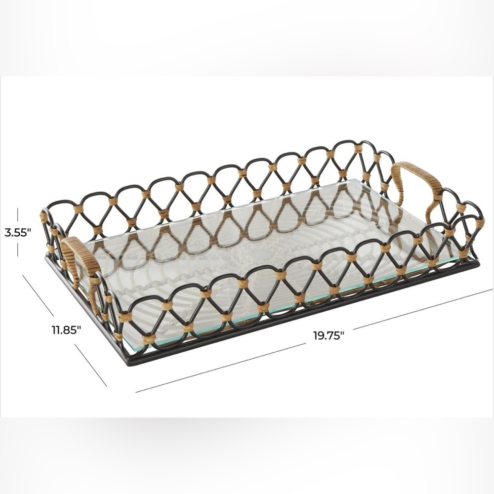 UMA Black Metal Decorative Tray Glass Base Rattan Woven Rectangular Brand New - Picture 3 of 5
